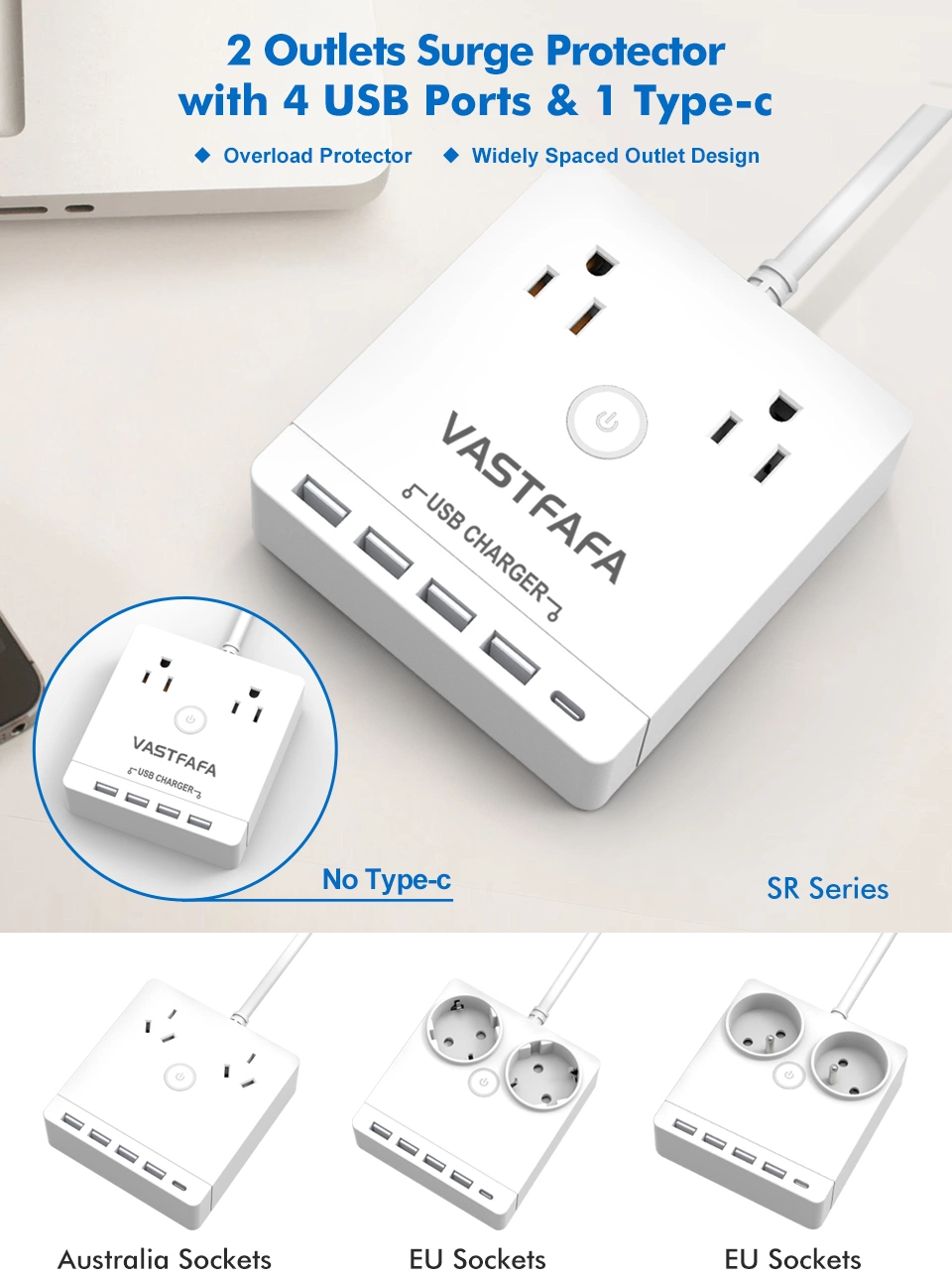 2 AC Outlets Extension Socket 4 USB Charging Station Smart Travel Portable Desktop Surge Protector Power Cube Strip